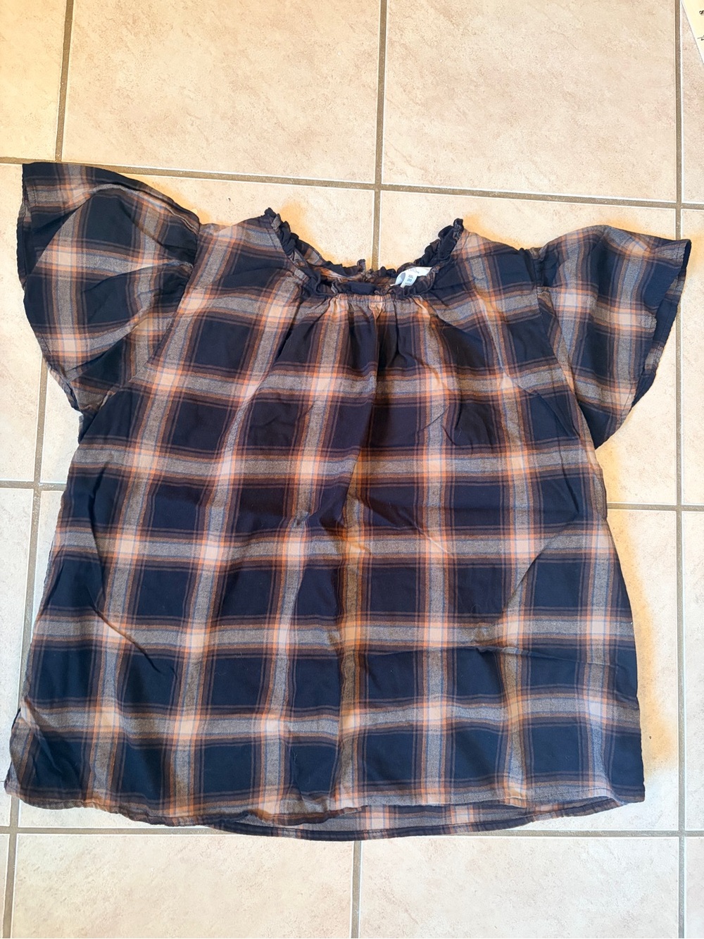 Time and Tru Women's 2XL Blue Brown Plaid Round Neck Flutter Sleeve CottonBlouse